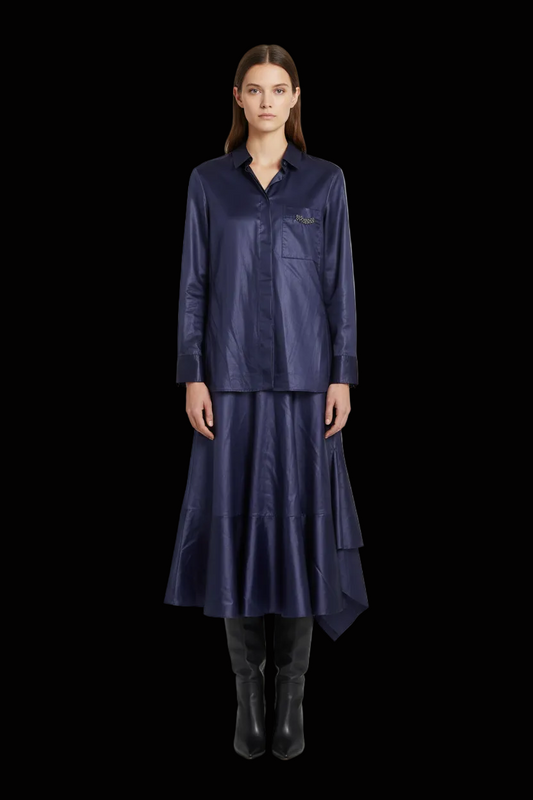 Hermès cotton two-piece set: shirt-tunic with ruffled cuffs + asymmetric handkerchief-hem skirt in navy — rent from Laura Messerschmitt, Berlin stylist