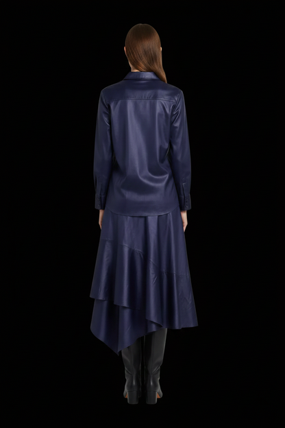 Hermès — Cotton Two-Piece Set: Shirt-Tunic with Ruffled Cuffs + Asymmetric Handkerchief-Hem Skirt in Navy