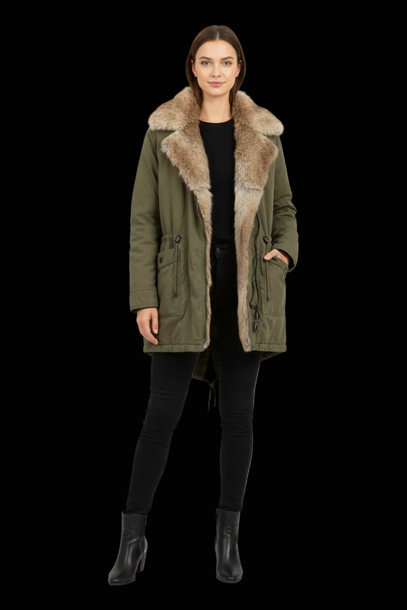 Drykorn seaham parka in cotton with rabbit fur collar — rent from Laura Messerschmitt, Berlin stylist