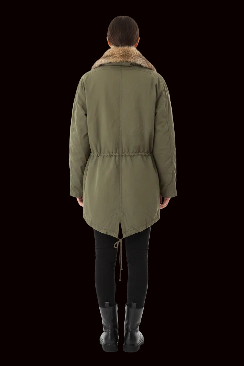 Drykorn SEAHAM olive cotton parka with rabbit fur collar back view