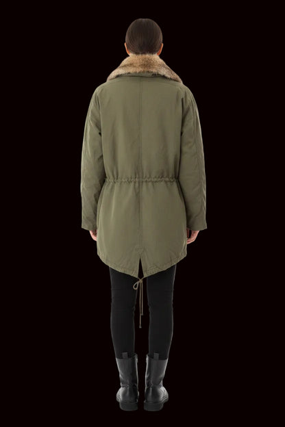 Drykorn SEAHAM olive cotton parka with rabbit fur collar back view