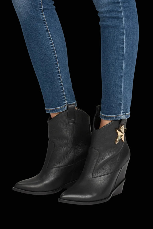 Giuseppe Zanotti western wedge ankle boots in black leather — rent from Laura Messerschmitt, Berlin stylist