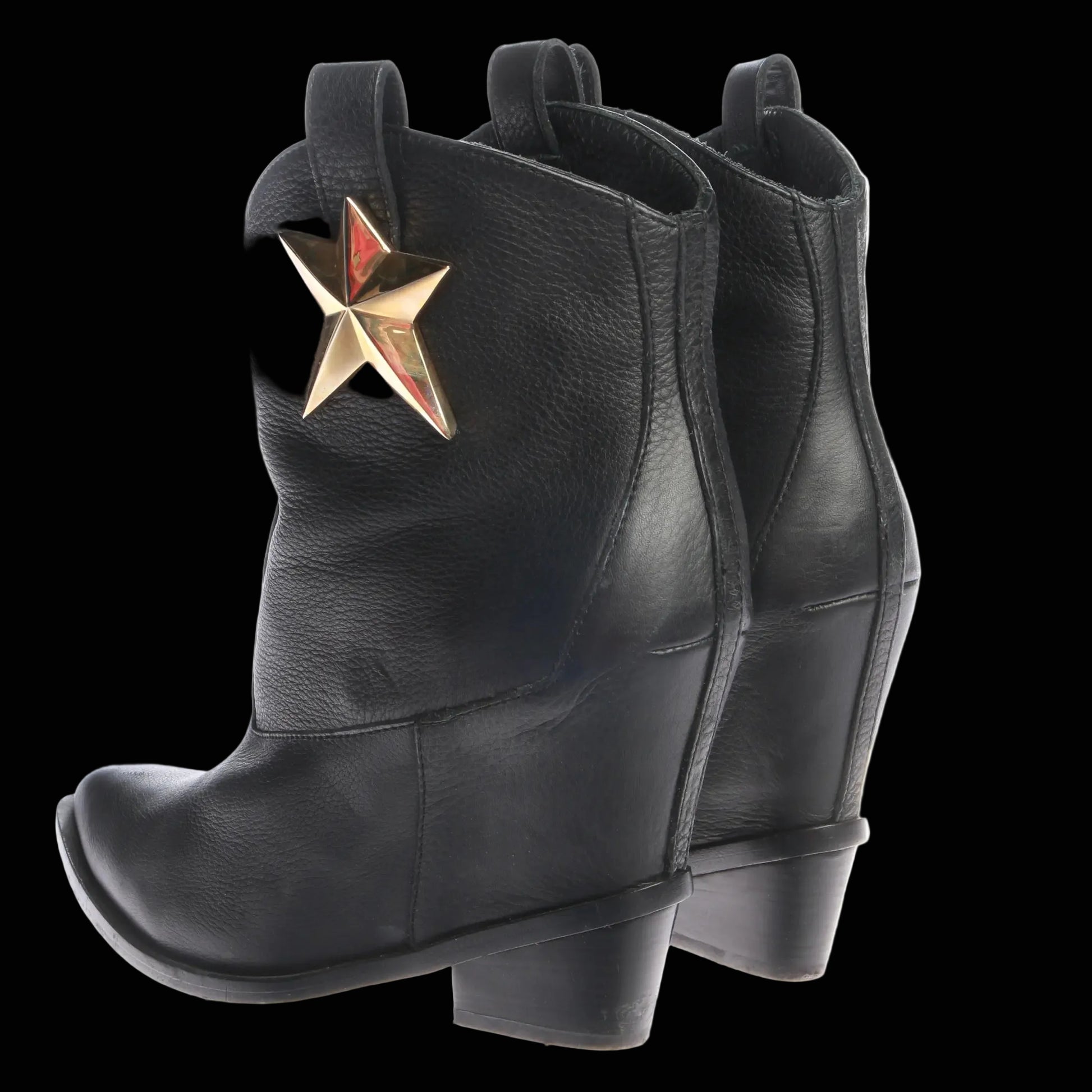 Giuseppe Zanotti black leather western ankle boots with gold star applique and wedge heel, front three-quarter view
