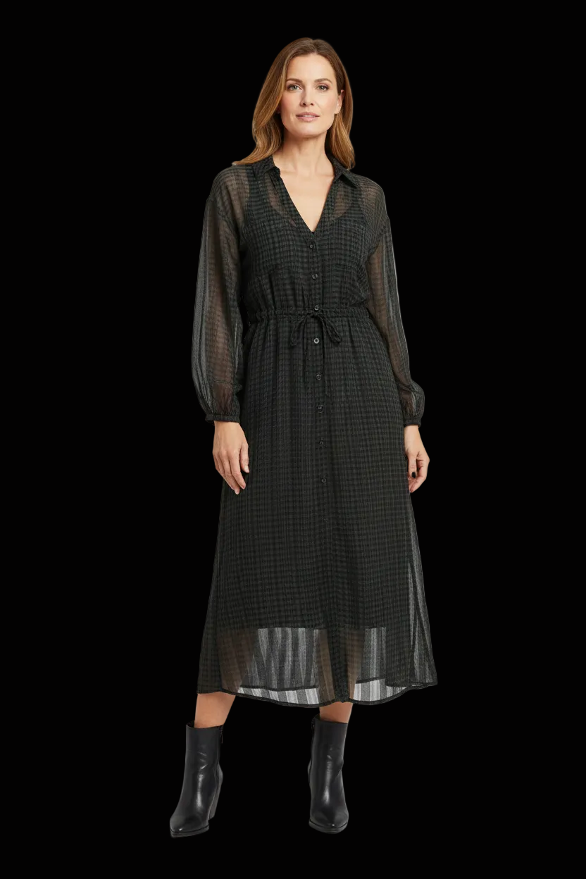Kookaï sheer silk shirtdress in olive windowpane check (nwot) — rent from Laura Messerschmitt, Berlin stylist