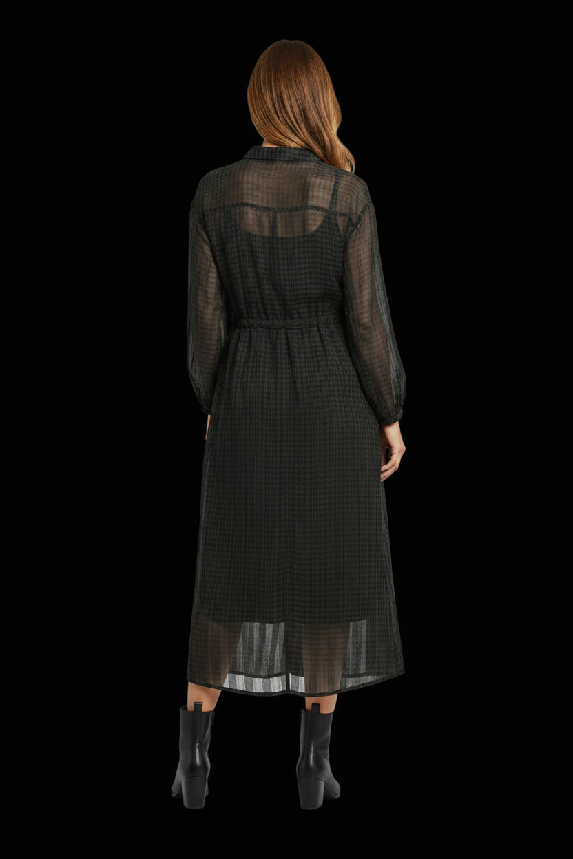 Kookaï — Sheer Silk Shirtdress in Olive Windowpane Check (NWOT)