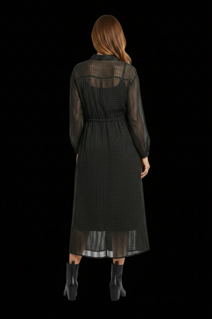 Kookaï — Sheer Silk Shirtdress in Olive Windowpane Check (NWOT)