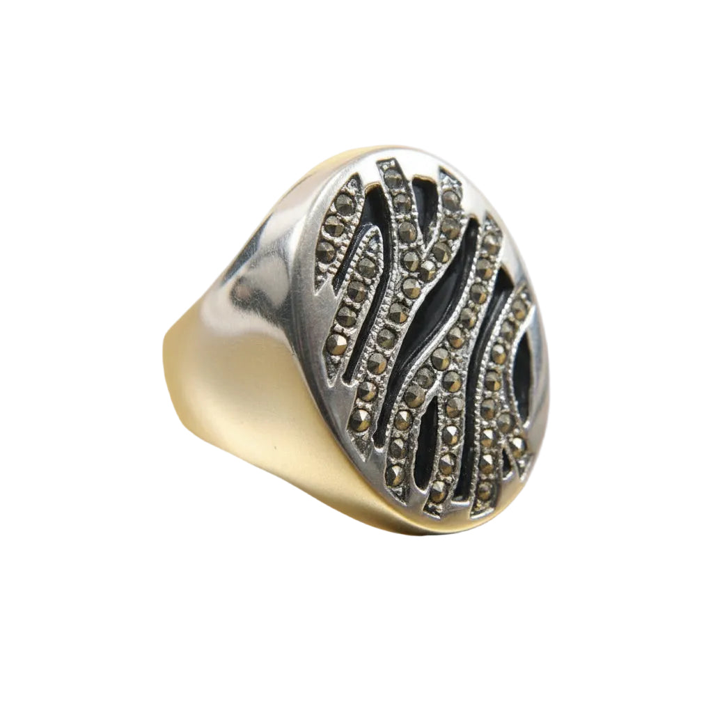 Vintage — 925 Sterling Silver Ring with Marcasites & Onyx – Size 60