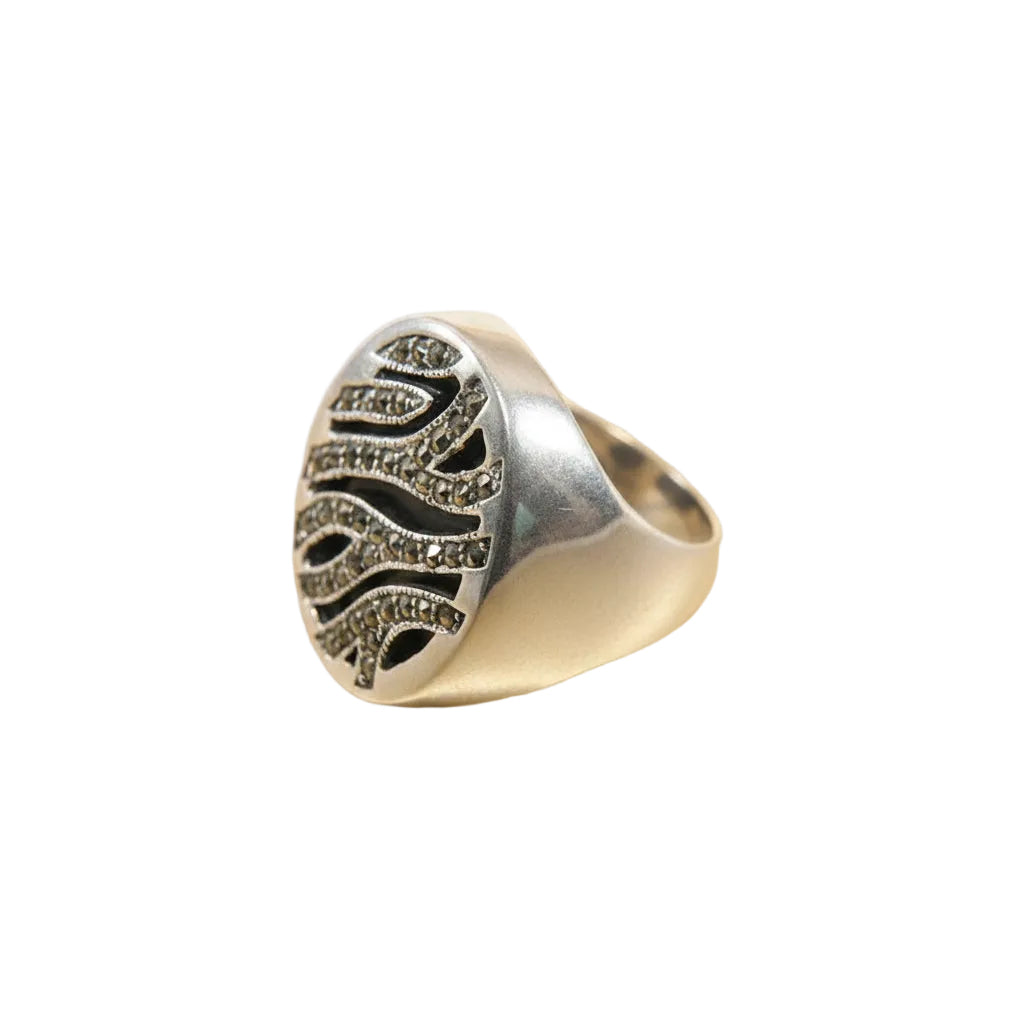 Vintage — 925 Sterling Silver Ring with Marcasites & Onyx – Size 60