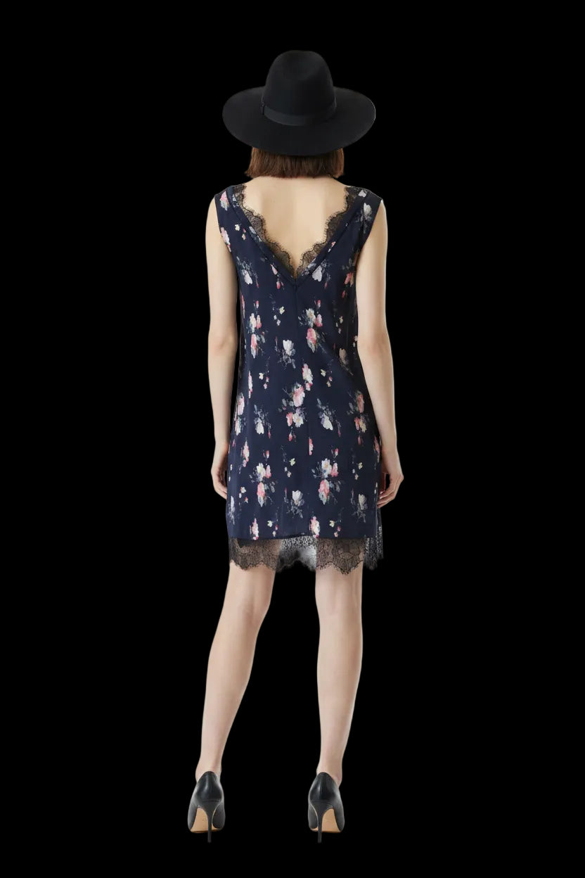 AllSaints silk lace trim slip dress in navy with rose print — view 2