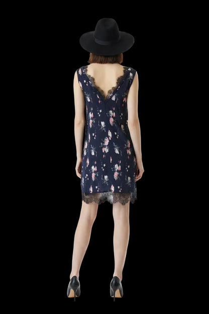AllSaints silk lace trim slip dress in navy with rose print — view 2