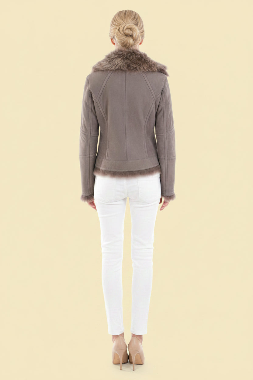 Maze — Mongolian Shearling Biker Jacket in Grey
