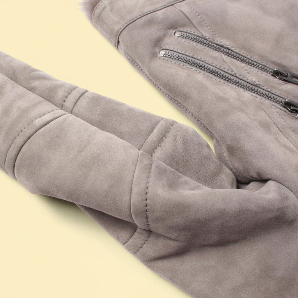Maze — Mongolian Shearling Biker Jacket in Grey