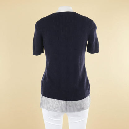 Joseph — Merino-Silk Ribbed Pullover with Contrast Silk Hem in Navy (NWOT)