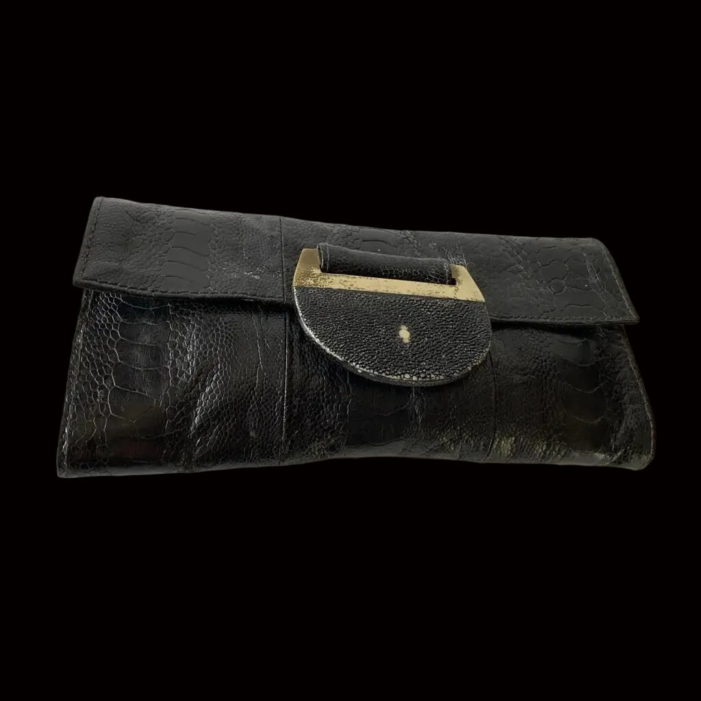 R+Y Augousti — Exotic Leather Clutch in Shagreen & Gold — front view