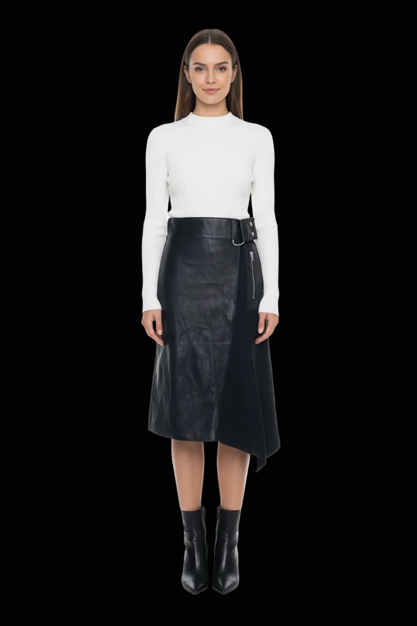 3.1 Phillip Lim asymmetric lambskin leather & wool wrap skirt in black — rent from Laura Messerschmitt, Berlin stylist