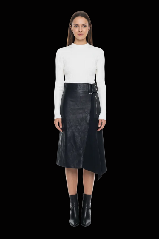 3.1 Phillip Lim asymmetric lambskin leather & wool wrap skirt in black — rent from Laura Messerschmitt, Berlin stylist