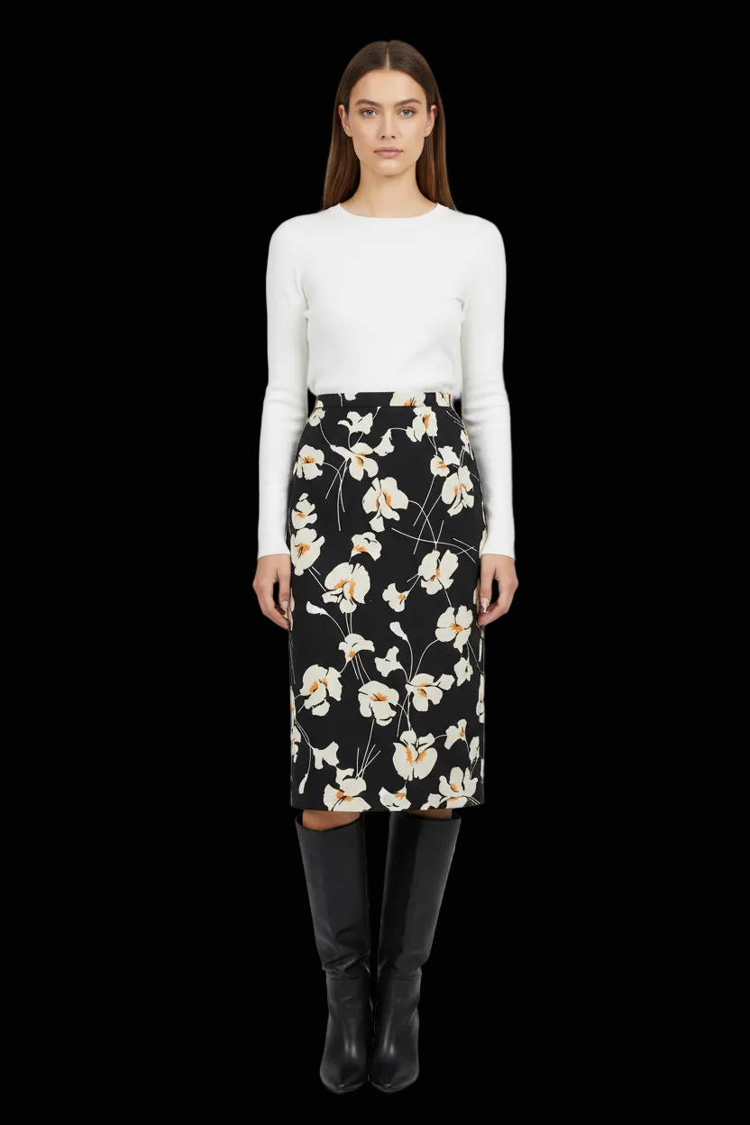 N°21 silk pencil skirt in black with painterly floral print — rent from Laura Messerschmitt, Berlin stylist