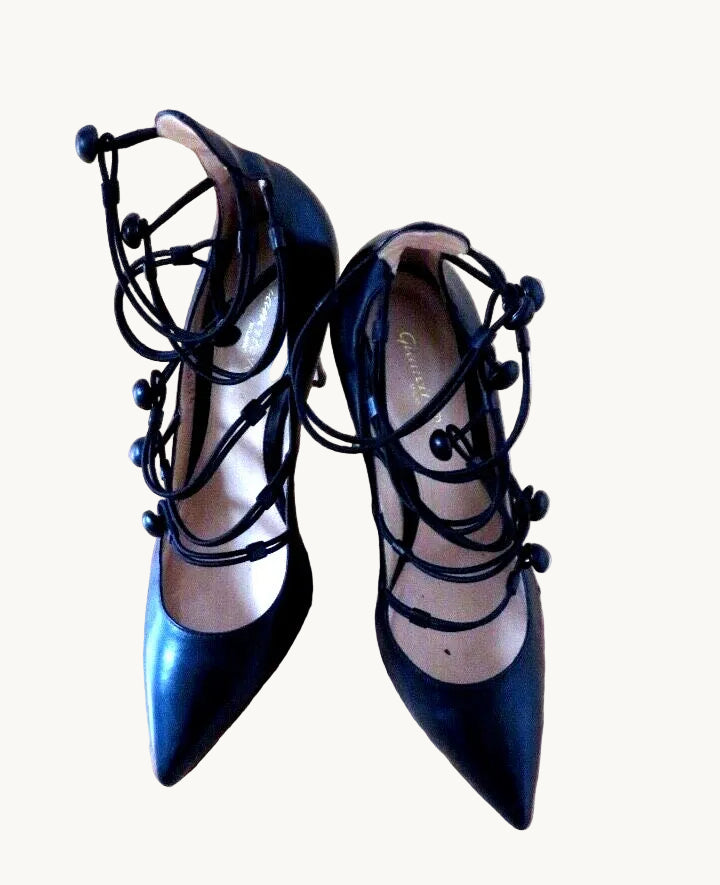 Gianvito Rossi pointed toe leather pumps with beaded lace up ankle — view 2