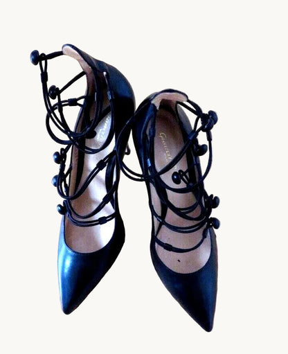 Gianvito Rossi pointed toe leather pumps with beaded lace up ankle — view 2