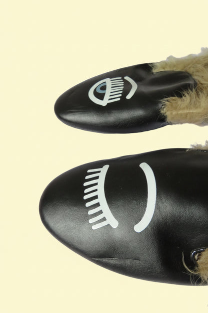 Chiara Ferragni Flirting Eye Leather Shearling Mules – Black – Size EU 40