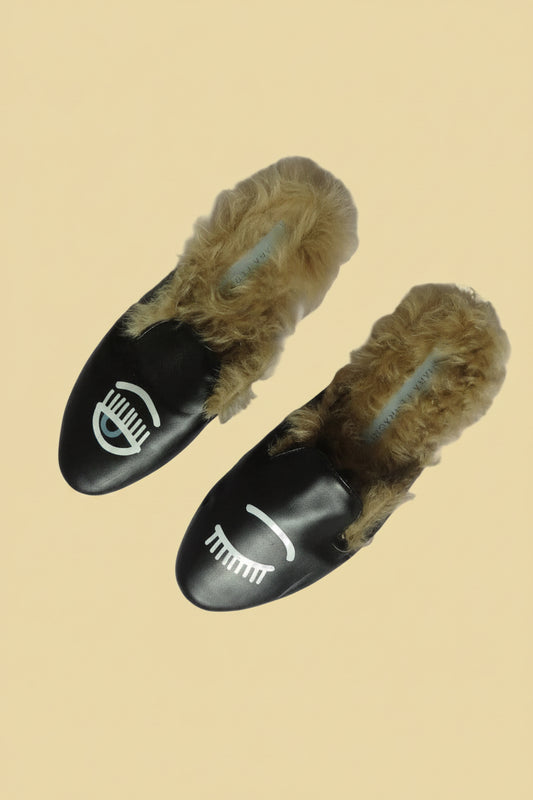 Chiara Ferragni Flirting Eye Leather Shearling Mules – Black – Size EU 40