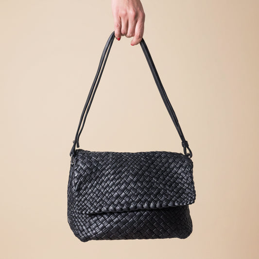 Ghibli - Woven Calfskin Shoulder Bag in Black