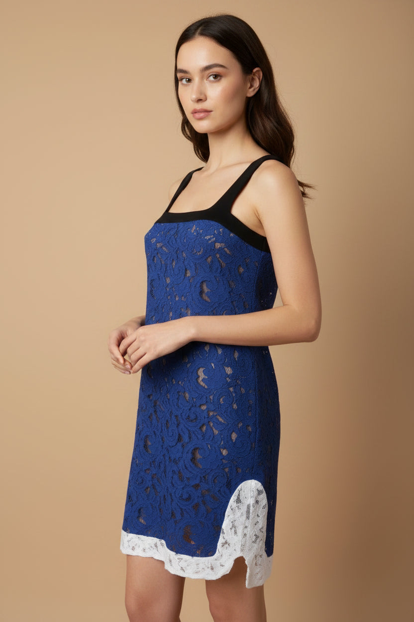 N21 corded lace sheath dress in cobalt with ivory hem — view 1