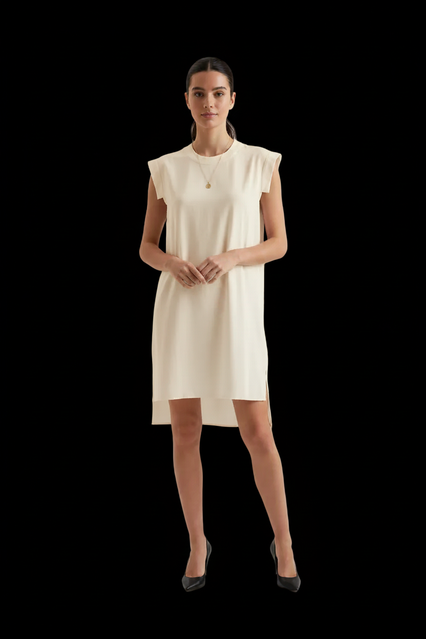 AllSaints — Silk Cap-Sleeve Shift Dress with High-Low Hem in Dove Grey