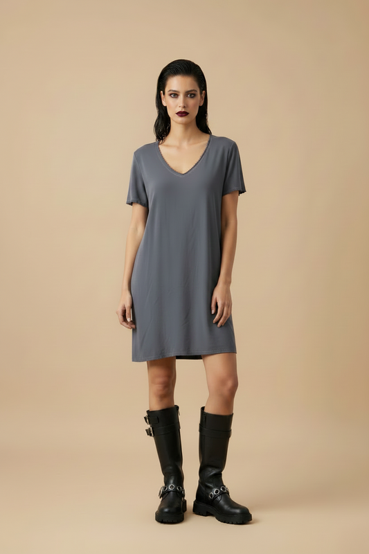 L'Autre Chose silk mini dress in slate grey — rent from Laura Messerschmitt, Berlin stylist