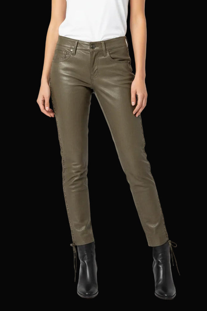 Diesel Black Gold khaki lace-up leather trousers — rent from Laura Messerschmitt, Berlin stylist