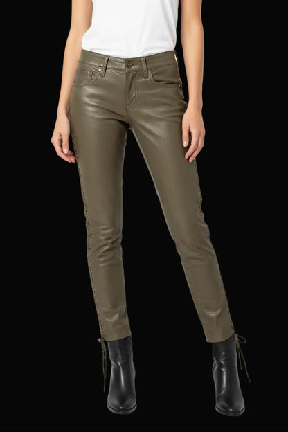 Diesel Black Gold khaki lace-up leather trousers — rent from Laura Messerschmitt, Berlin stylist