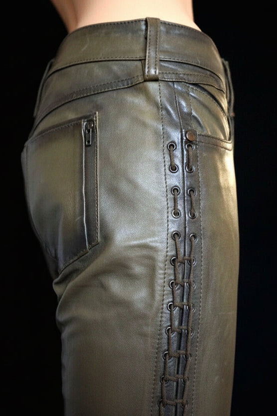 Diesel Black Gold — Khaki Lace-Up Leather Trousers — detail view | Rent designer fashion at Laura Messerschmitt Berlin