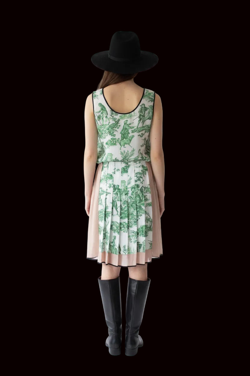 N21 toile de jouy silk drop waist dress in green and white — view 3