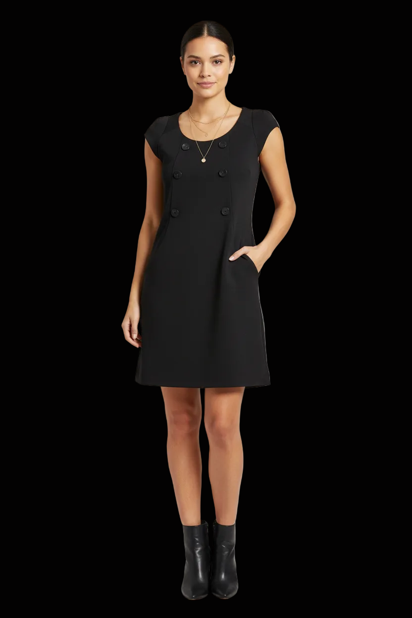 Comptoir des Cotonniers black a-line dress with button detail — rent from Laura Messerschmitt, Berlin stylist