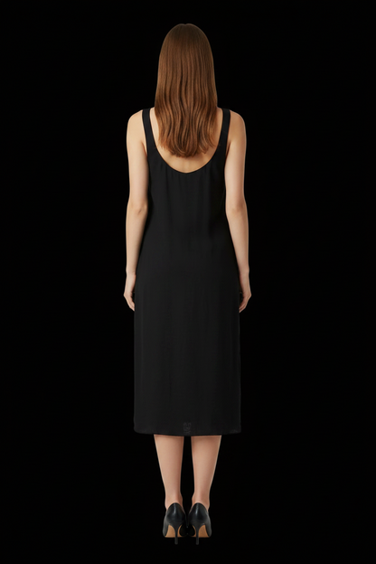 Kookaï — Crinkled Linen Scalloped Midi Dress in Black