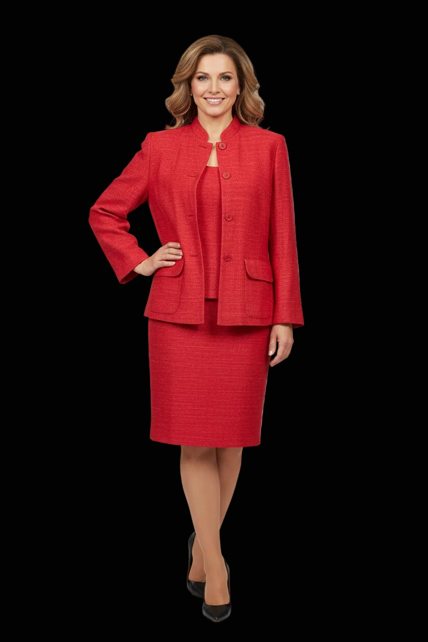 Kookaï raw silk mandarin-collar two-piece set in coral red — rent from Laura Messerschmitt, Berlin stylist