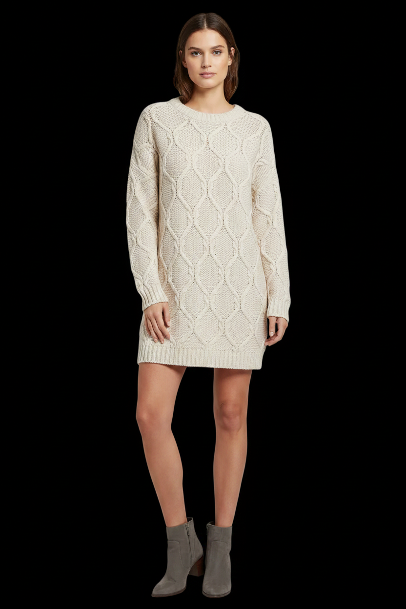 H&M - Vintage 1992 Cable Knit Wool Sweater Dress in Cream
