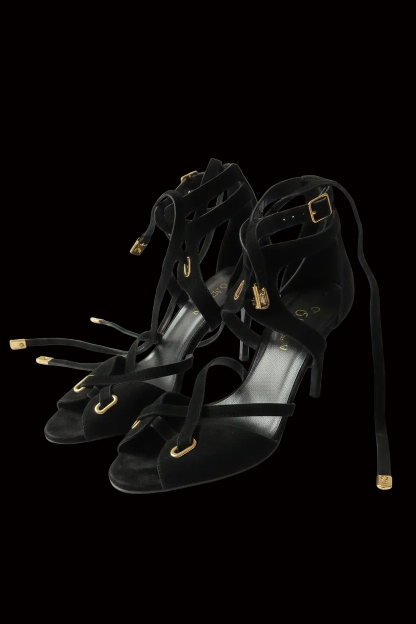Hermès — Black Suede Lace-Up Sandals with Gold Hardware — detail view