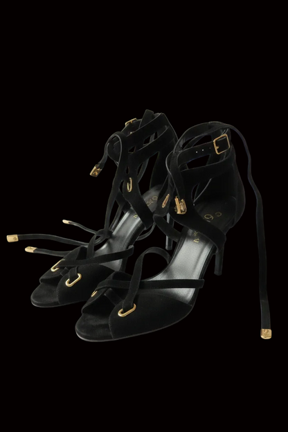 Hermès — Black Suede Lace-Up Sandals with Gold Hardware — detail view