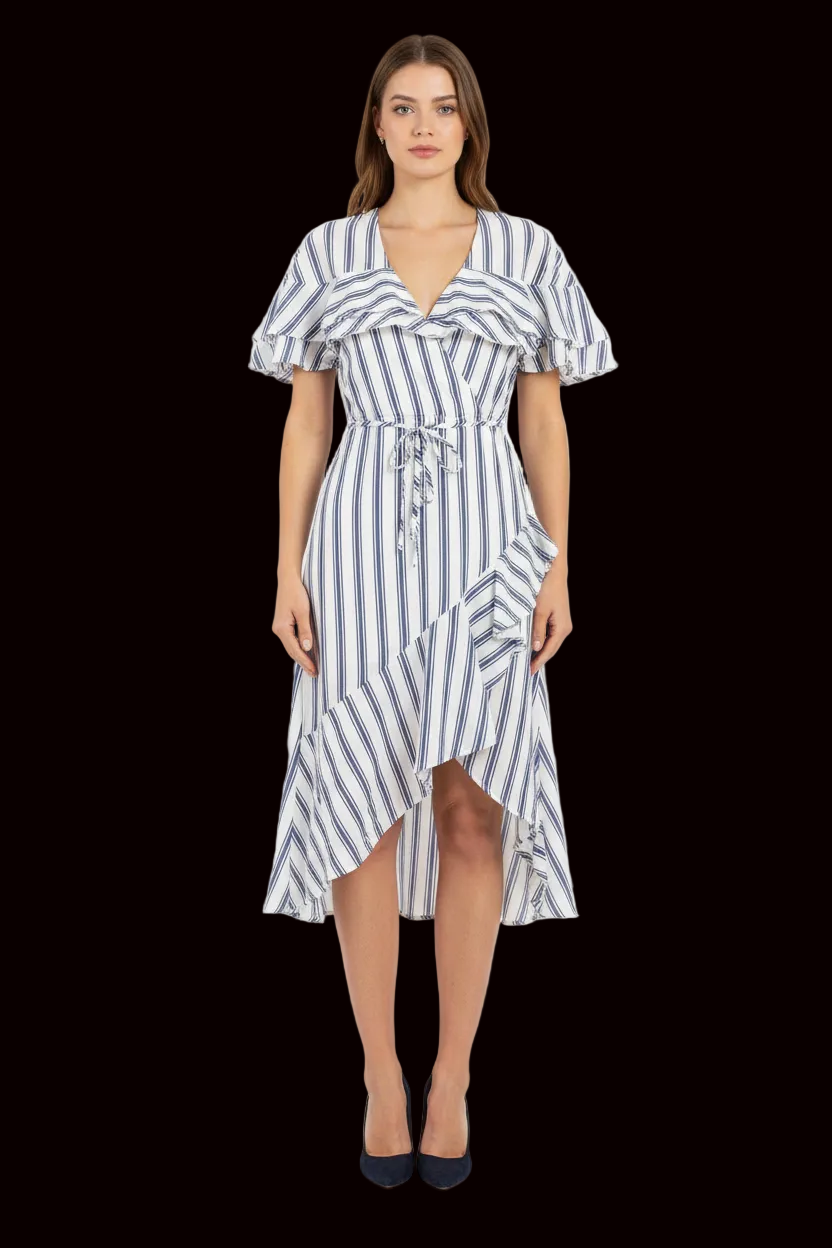 River Island cotton striped wrap dress in blue & white — rent from Laura Messerschmitt, Berlin stylist