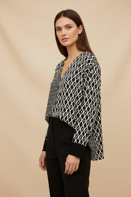 Fausto Puglisi — SS14 Silk Blouse in Black & White Diamond Print Size 38
