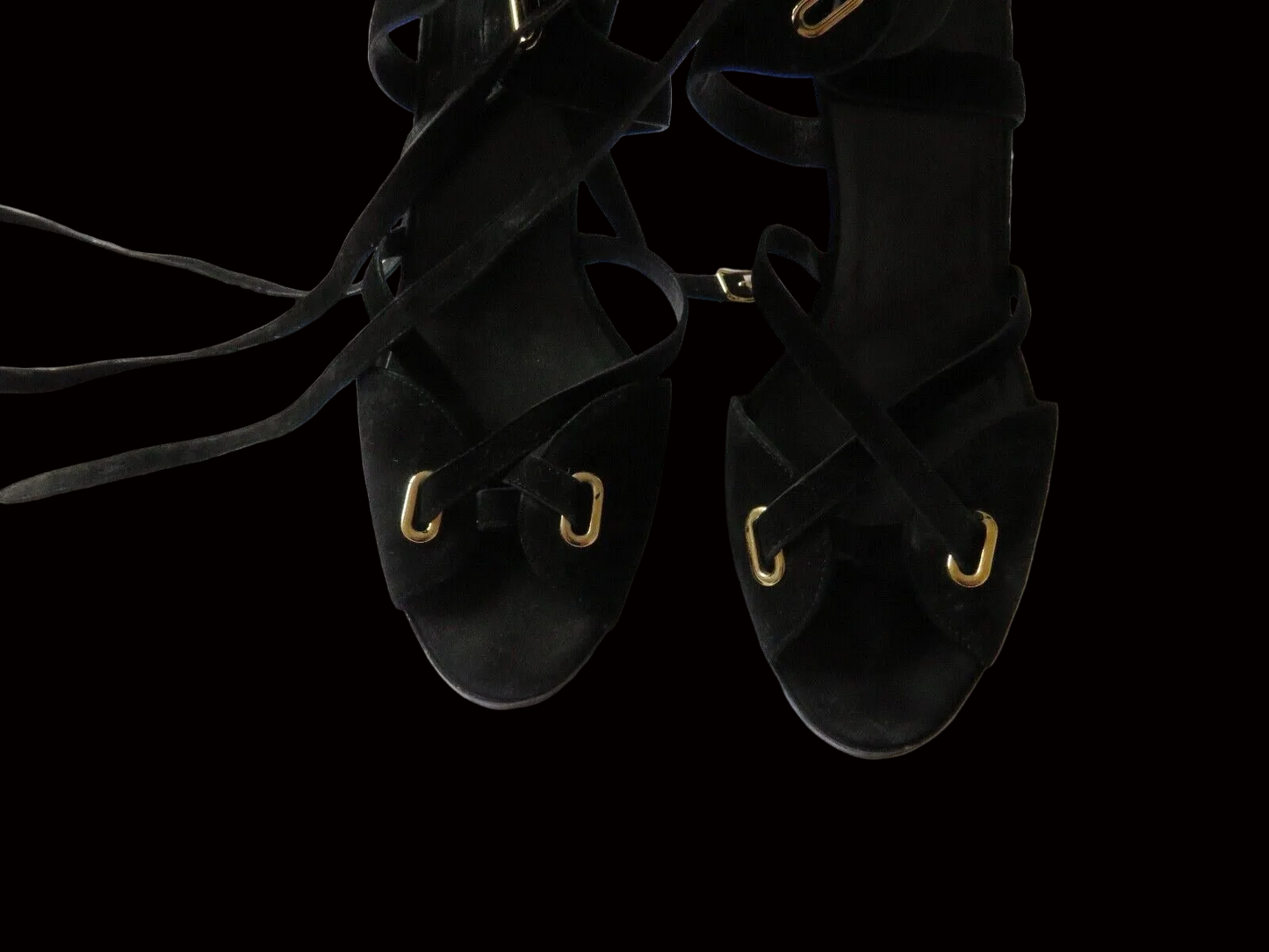 Hermès — Black Suede Lace-Up Sandals with Gold Hardware — side view