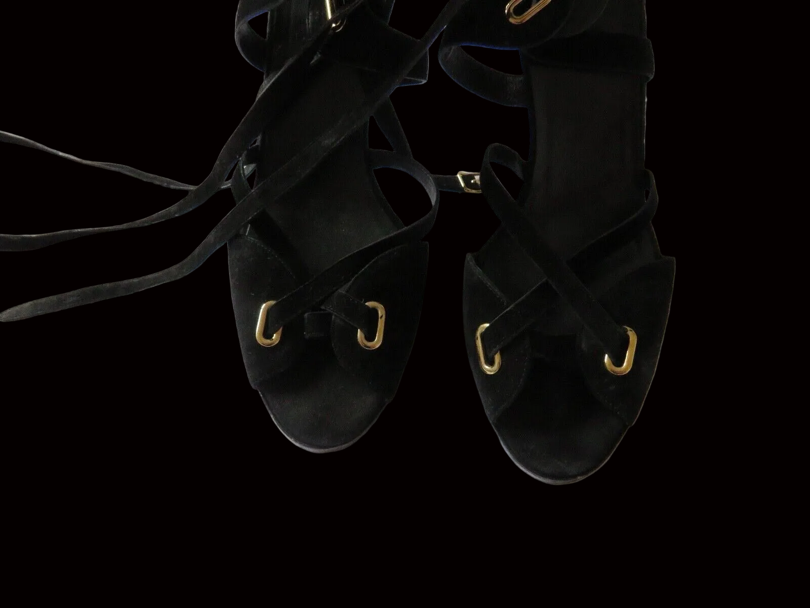 Hermès — Black Suede Lace-Up Sandals with Gold Hardware — side view