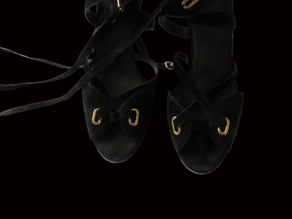 Hermès — Black Suede Lace-Up Sandals with Gold Hardware — side view