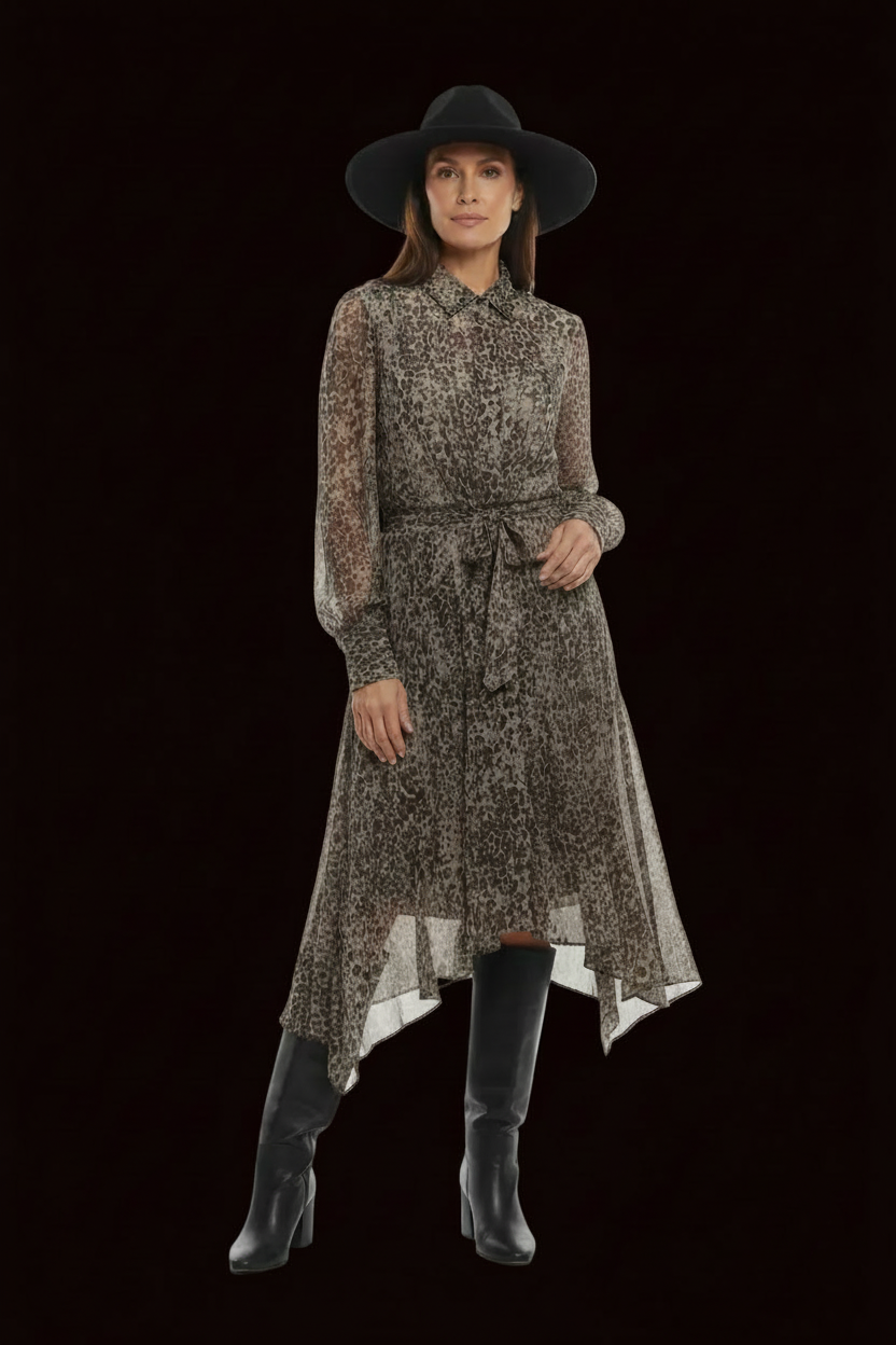AllSaints — Sheer Shirtdress in Taupe Leopard Print with Handkerchief Hem