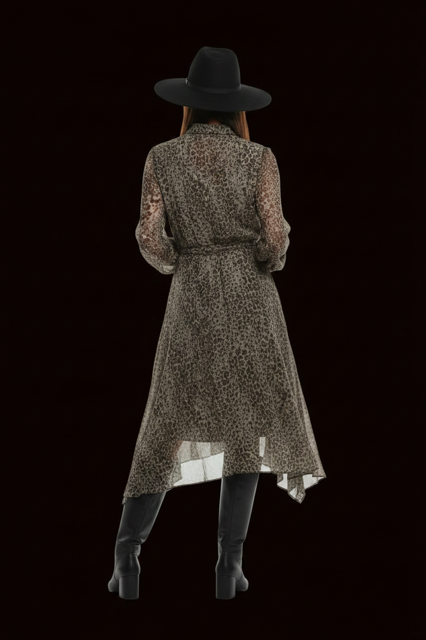 AllSaints — Sheer Shirtdress in Taupe Leopard Print with Handkerchief Hem