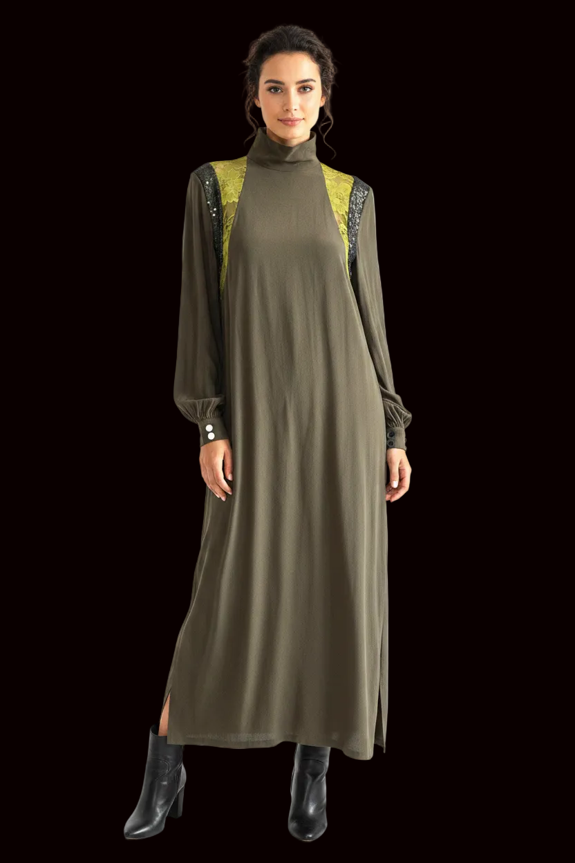 Marcel Ostertag silk dress in olive green — rent from Laura Messerschmitt, Berlin stylist