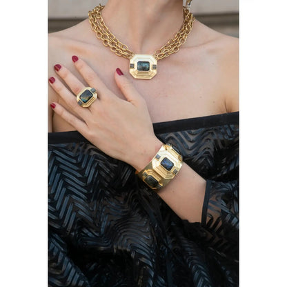 Statement Brass Necklace with Labradorite Stone — side view | Rent designer fashion at Laura Messerschmitt Berlin