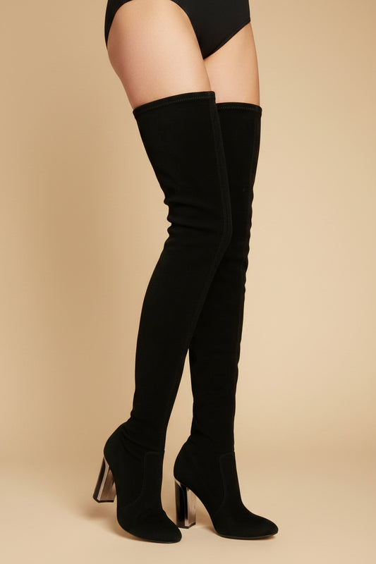 Christian Dior Stretch Suede Thigh-High Boots – Black with Mirror-Chrome Heel – EU 40