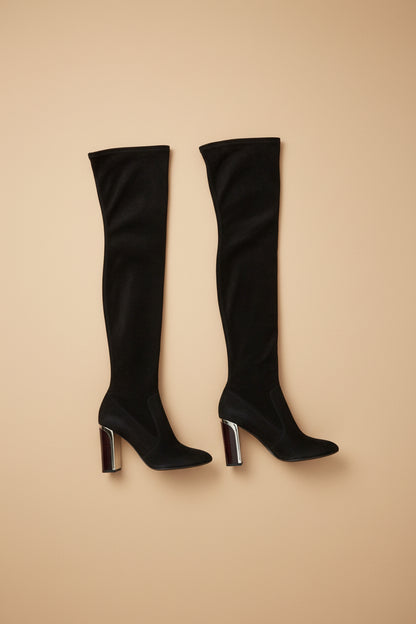 Christian Dior Stretch Suede Thigh-High Boots – Black with Mirror-Chrome Heel – EU 40